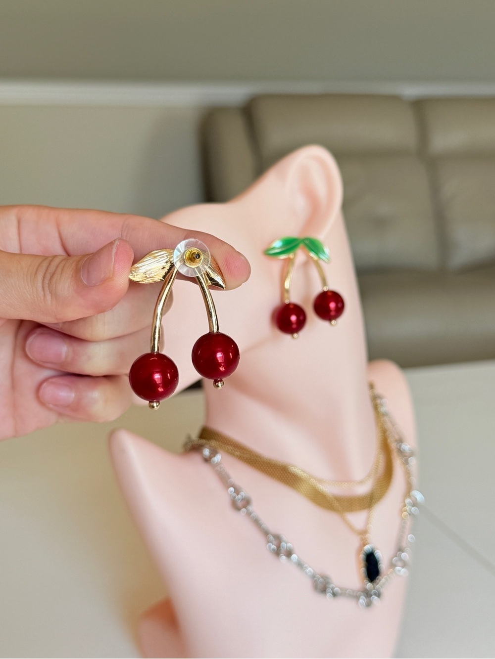 Cherry Drop Dangle Earrings in Red and Green - Picture 6 of 9